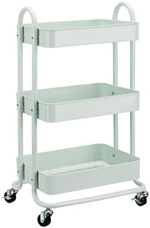 Amazon Basics 3-Tier Metal Rolling Utility Cart, Storage Organizer, Multi-Functional Kitchen Island Cart, Portable Shelving Unit with Caster Wheels, Mint Green