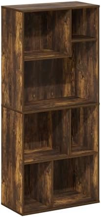Furinno DALY Book Shelf, 7-Cube Bookshelf, Cube Storage Organizer Bookcase with Irregular Compartments, 9.4 x 18.9 x 42.1, for Living Room, Bedroom, Home Office, Amber Pine