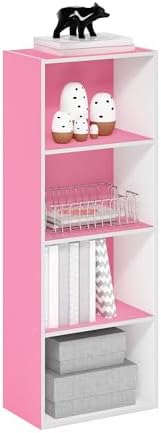 Furinno LUDER 4-Tier Book Shelf, Open Shelves Bookshelf, Pink/White | 9 x 15.6 x 41.7, Closed Back, Modern Bookcase, for Living Room, Bedroom, Home Office