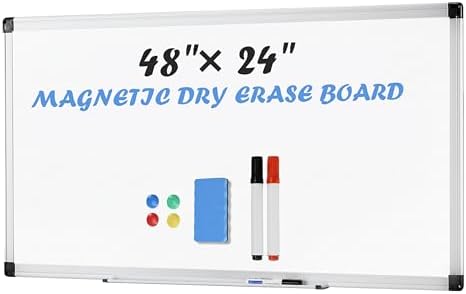 Simple Deluxe Magnetic Dry Erase Board 48" x 24" Whiteboard, 1 Dry Eraser & 2 Multicolor Markers & 4 Magnetic Pins, Silver Reinforced Aluminum Frame for Home, School, Office