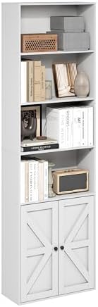 Furinno Jensen 6-Tier Farmhouse Style Book Shelf with Doors, Plain White