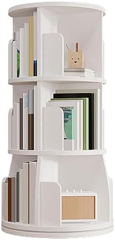 GAMAK Rotating Bookshelf Tower for Kids 360 Display 2-4 Tier Floor Standing Bookcase Revolving Bookcase Tower Small Corner Bookshelf for Small Space (Color : White, Size : Round_Three)
