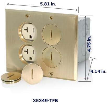 Leviton 2-Gang Duplex Receptacle Floor Box Assembly, Tamper-Resistant, Brass Finish, 20-Amp, 125V, 35349-TFB