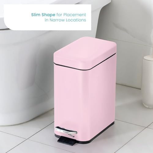 Home Zone Living 2-Pack 1.3 Gallon Small Pink Bathroom Trash Can with Lid and Step Pedal, Stainless Steel Wastebasket with Slim Design for Home and Office, 5 Liters