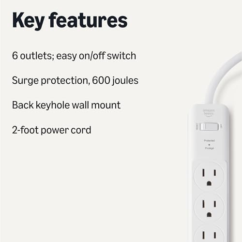 Amazon Basics Rectangle 6-Outlet Surge Protector Power Strip with Circuit Breaker, 600 Joule, 2ft Cord, White, 2-Pack
