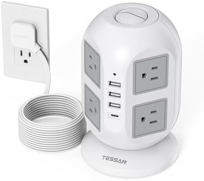 TESSAN Tower Surge Protector Power Strip, 10 ft Long Flat Extension Cord