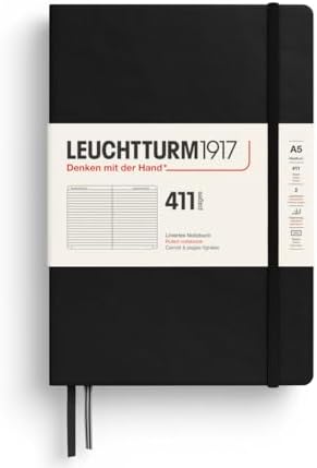 LEUCHTTURM1917 372932 Notebook 411 Medium (A5), Hardcover, 411 Numbered Pages, Black, Lined, More Thoughts, More Ideas, More Memories, More Pages