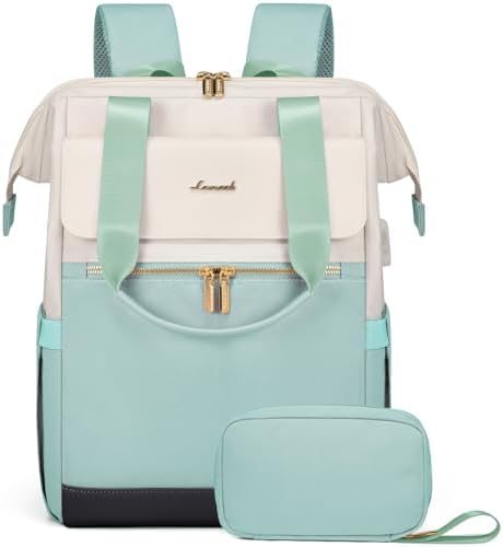 LOVEVOOK Laptop Backpack for Women, 15.6 Inch Work Laptop Bag with USB Port, Fashion Teacher Nurse Backpack Purse, Waterproof Travel Computer Backpack with Organizer Bag, 2PCS, Beige-Mint Green