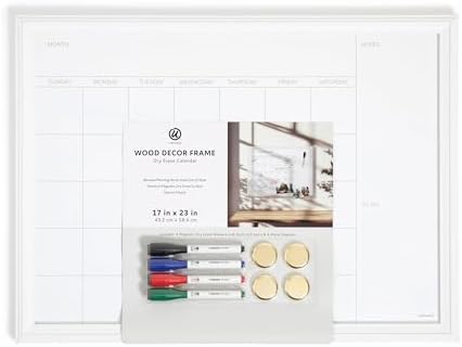 U Brands Magnetic Dry Erase Monthly Calendar Whiteboard Value Pack, 24" x 18", Wall Mounted Planner Board with Wood Style Frame, Home Office & Kitchen Family Command Center, Includes Markers & Magnets