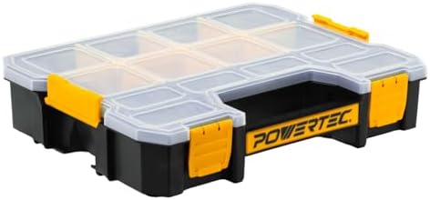 POWERTEC Small Parts Organizer & Tool Box – 14 Compartments, Stackable Storage with Interlocking Latch, Removable Dividers, Clear Lid, Portable Design (72364)