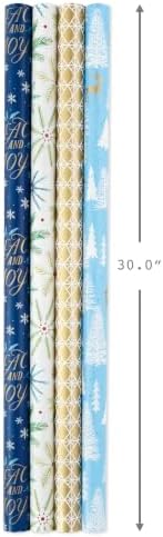Hallmark Holiday Wrapping Paper Bundle with Cut Lines on Reverse, Elegant Woodland (Pack of 4, 120 sq. ft. TTL) Peace and Joy, Deer, Pinecones, Snowflakes, Blue, Gold