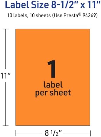 Avery® Printable Sticker Paper, 8-1/2" x 11", Full-Sheet Labels, Bright Orange Labels, Laser/Inkjet Printable, 10 Total, Great for Packaging and Stickers