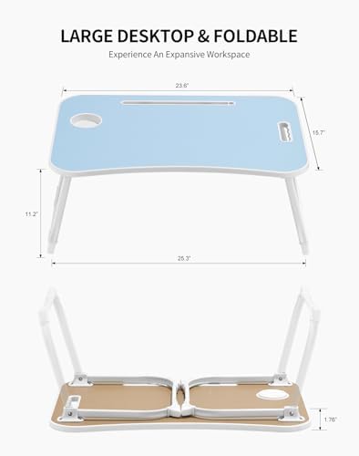 ZEAPTAC Laptop Bed Desk, Foldable Lap Desk, Portable Lap Table, Laptop Stand with Cup Holder, Tablet Slot & Lifting Handle for Work, Write, Draw & Eat on Bed, Sofa or Couch - Blue