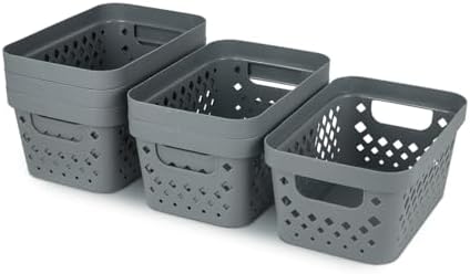 Glad Plastic Baskets for Organizing, Set of 6 | Pantry Storage for Under Counter, Linen Closet, and Bathroom | Nesting Shelf Bins with Handles, 1 Gallon, Grey