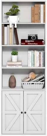Furinno Farmhouse 6-Tier Book Shelf with Doors, Bookshelf, White