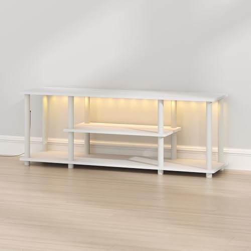 Furinno Turn-N-Tube 3-Tier No Tools TV Stand with LED Lights, White | for TV up to 50 Inch, Open Frame Entertainment Center, TV Console for Living Room, Bedroom