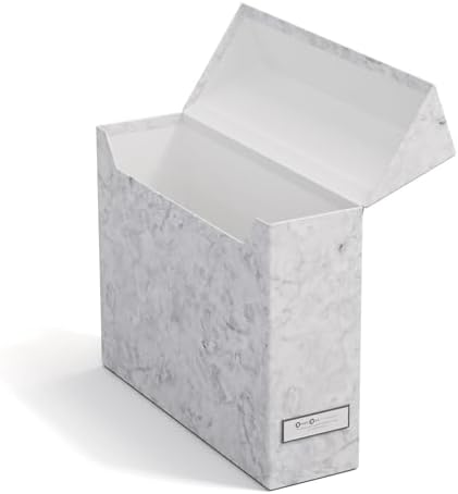 Bigso Lovisa Fiberboard Label Frame 12 File Storage Box - Paperwork Storage Box with Metal Label Holder - Durable Document Organizer with Flip Top Lid - 3.7in x 13in x 9.4 in - Marble