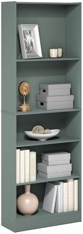 Furinno Jaya Book Shelf, 5-Tier Bookshelf, Bookcase with Adjustable Shelves, 9.5" x 24.5" x 71.2", for Organization and Storage, for Living Room, Bedroom, Home Office, Sage Green