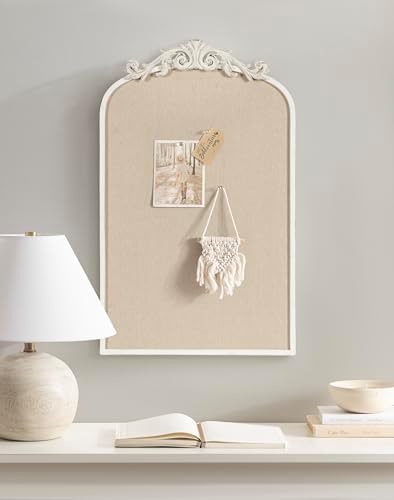 Kate and Laurel Arendahl Decorative Arch Pinboard; 19 x 31; White; Framed Arched Ornate Vintage Cork Board for Use as Motivational Vision Board or Wall Organizer