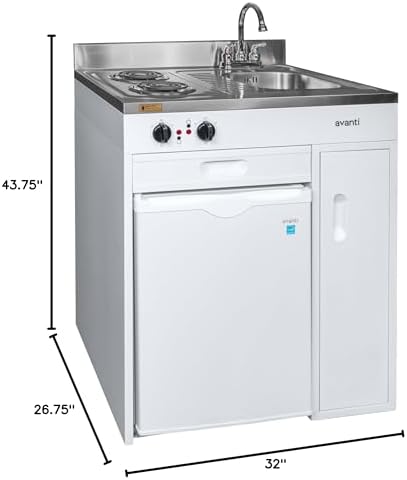 Avanti Full Compact Kitchen, Built in Kitchenette with Stainless Steel Countertop with Sink and Chrome Faucet, Two Element Cooking Range, 2.2 Cu.Ft. Refrigerator & Storage Space, 30-Inch, White