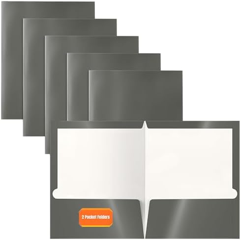 Better Office Products 2 Pocket Glossy Laminated Gray Paper Folders, Box of 25, Letter Size, Gray Paper Portfolios, 25 Pack