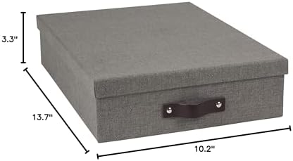 Bigso Oskar Canvas Fiberboard Document Letter Box - File Organizer Box for Important Paperwork - Document Storage with a Lid & Leather Handle - 3.3 in x 10.2 in x 13.8 in - Gray