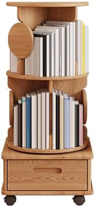 Small Bookshelf with Storage Drawer for Small Spaces Corner Rotating Bookshelf 360 Display 2-4 Tier Revolving Bookcase with Brake Wheels for Bedroom Living Room Study Room ( Color : Wood , Size : Thre
