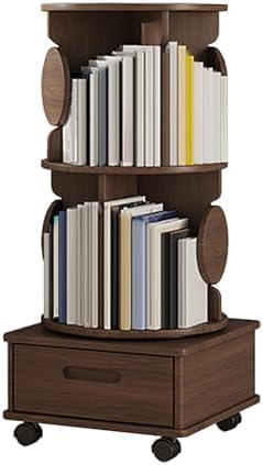 Small Bookshelf with Storage Drawer for Small Spaces Corner Rotating Bookshelf 360 Display 2-4 Tier Revolving Bookcase with Brake Wheels for Bedroom Living Room Study Room ( Color : Walnut , Size : Th