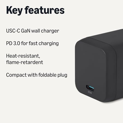 Amazon Basics 65W Fast Charging USB-C GaN Wall Charger, 1-Port PD 3.1, Compact with Foldable Plug for Laptops, Tablets, Phones, Black
