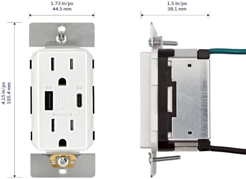 Leviton 60W (20V@2.5A+ 5V@2A) USB Dual Type A/Type-C Power Delivery in-Wall Charger with 15A Tamper-Resistant Outlet, USB Charger for Smartphones, Tablets, Laptops, T5634-W, White