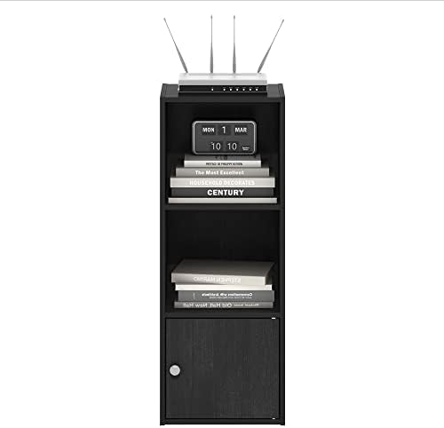 Furinno LUDER Book Shelf, 3-Tier Modern Bookshelf, Bookcase with 1 Door Storage Cabinet, 9.3 x 12 x 31.5, for Living Room, Bedroom, Home Office, Darkwood