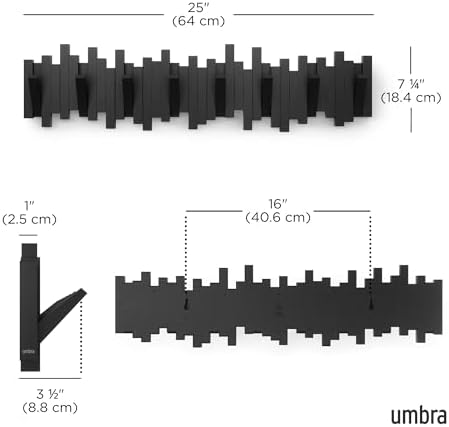 Umbra Sticks Wall Coat Rack, Wall Mount 8 Retractable Hooks, Black