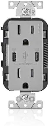 Leviton 30W (6A) USB Dual Type-C/C Power Delivery In-Wall Charger with 15A Tamper-Resistant Outlet, USB Charger for Smartphones, Tablets, Laptops, T5635-G, Gray