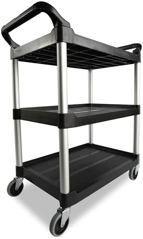 Rubbermaid Commercial Products Heavy Duty 3-Shelf Rolling Service/Utility/Push Cart, 200 lbs. Capacity, Black, for Foodservice/Restaurant/Cleaning/Warehouse/Garage