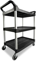 Rubbermaid Commercial Products Heavy Duty 3-Shelf Rolling Service/Utility/Push Cart, 200 lbs. Capacity, Black, for Foodservice/Restaurant/Cleaning/Warehouse/Garage