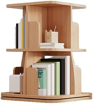 GAMAK Rotating Bookshelf Tower for Kids 360 Display 2-4 Tier Floor Standing Bookcase Revolving Bookcase Tower Small Corner Bookshelf for Small Space (Color : Wood, Size : Square_Two)