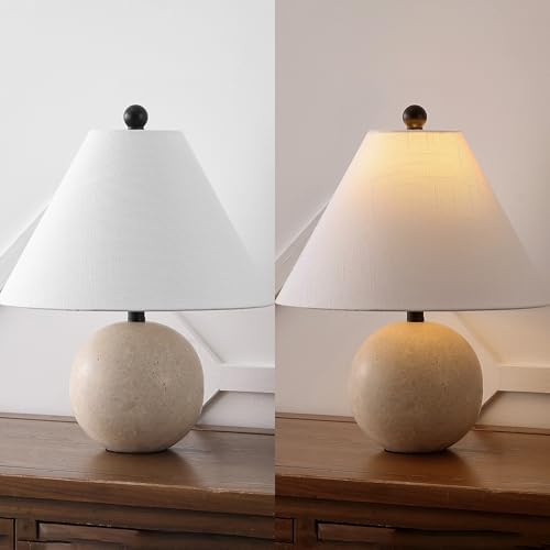 JONATHAN Y Liza 16" Modern Travertine Stone Bedside Table Lamp, Beige