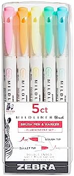 Zebra Pen MILDLINER Brush Pen, Assorted Fluorescent Colors, Dual Tip, 5-Pk