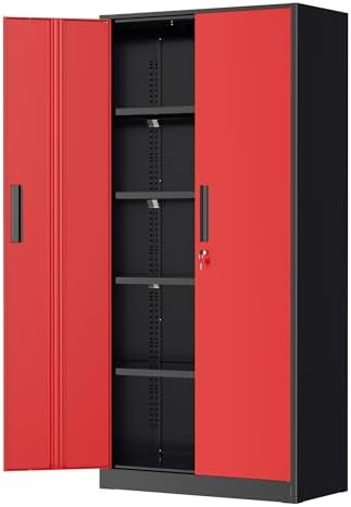 Greenvelly Metal Garage Storage Cabinet with Lock, 72" Metal Storage Cabinet with 2Doors and 4Adjustable Shelves, Steel Tool Cabinet for Home Office, School,Gym (Black&Red)
