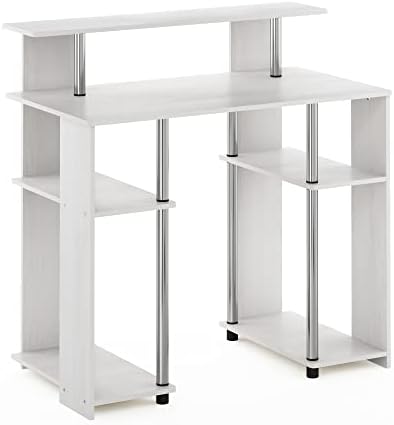 35.3 Wide Gaming Desk with Raised Hutch and Open Shelf, Simple Design Computer Writing Desk, Office Desk for Bedroom, Home Office, White Oak/Stainless Steel