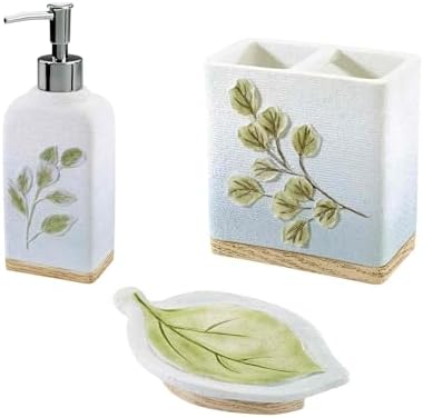 Avanti Linens - Bath Set, 3pc Countertop Accessories, Resin Lotion Pump, Toothbrush Holder & Soap Dish, Durable Bath Decor (Ombre Leaves Collection)