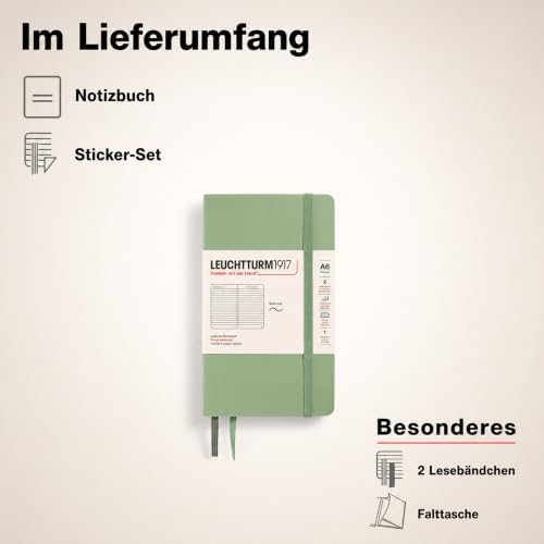 LEUCHTTURM1917 - Notebook Softcover Pocket A6-123 Numbered Pages for Writing and Journaling (Ruled, Sage)