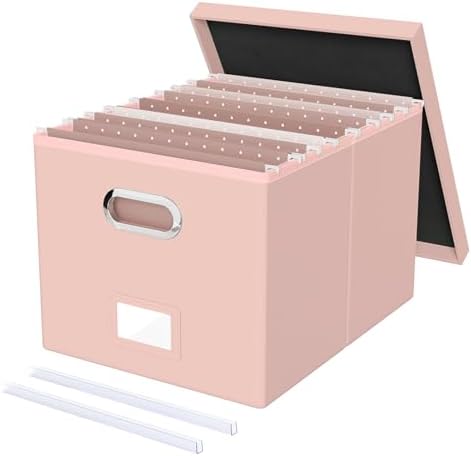 Oterri File Organizer Box with Lid, Portable Hanging File Box for Letter/Legal Files, Office/Decor/Home, Cream-pink (Leather), 1 Pack