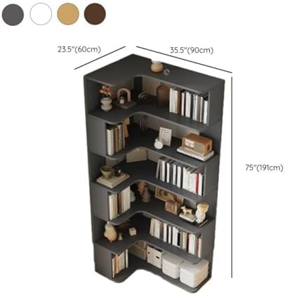 Vertical L-Shape Storage with Open Back 6 Shelves Corner Bookshelf Wood Floor Rack Student Integrated Wall Bookcase Corner Cabinet Multi-Layer Storage Cabinet White 24" L x 35" W x 75" H
