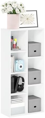 Furinno LUDER Book Shelf, 7-Cube Bookshelf, Bookcase with Open Shelves, 9.4 x 19.5 x 41.7, Easy Assembly, for Living Room, Bedroom, Home Office, Plain White