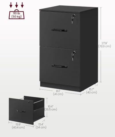 VASAGLE 2 Drawer File Cabinet with Locks, for A4, Letter Sized Documents