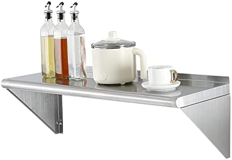 VEVOR 12" x 36" Stainless Steel Shelf, Wall Mounted Floating Shelving with Brackets, 250 lbs Load Capacity Commercial Shelves, Heavy Duty Storage Rack for Restaurant, Kitchen, Bar, Home, and Hotel