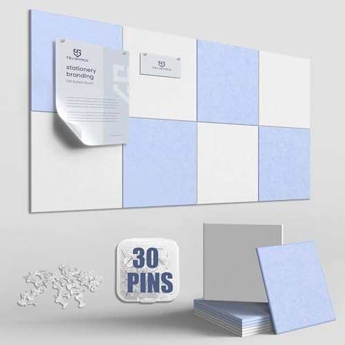TSJOFFICE Large Cork Board for Wall - 48" x 24" Bulletin Board with 30 Pushpins for Office Decor, Pin Board 8 Pack Felt Tiles with Safe Removable Adhesive Tabs, Corkboard for Home - Light Blue & White