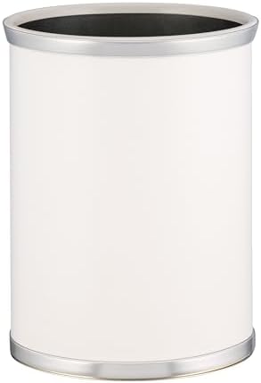 Kraftware Leatherette Wastebasket, 14", White with Brushed Chrome