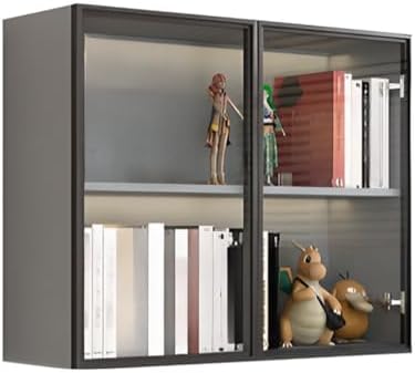 Wall Hanging Lateral Filing/Vertical Timber Wall Unit Transparent Glass Door Shelf Wall-Mounted Wood Bookcase Action Figure Model Storage Cabinet Display Case Grey 31" L x 10" W x 26" H